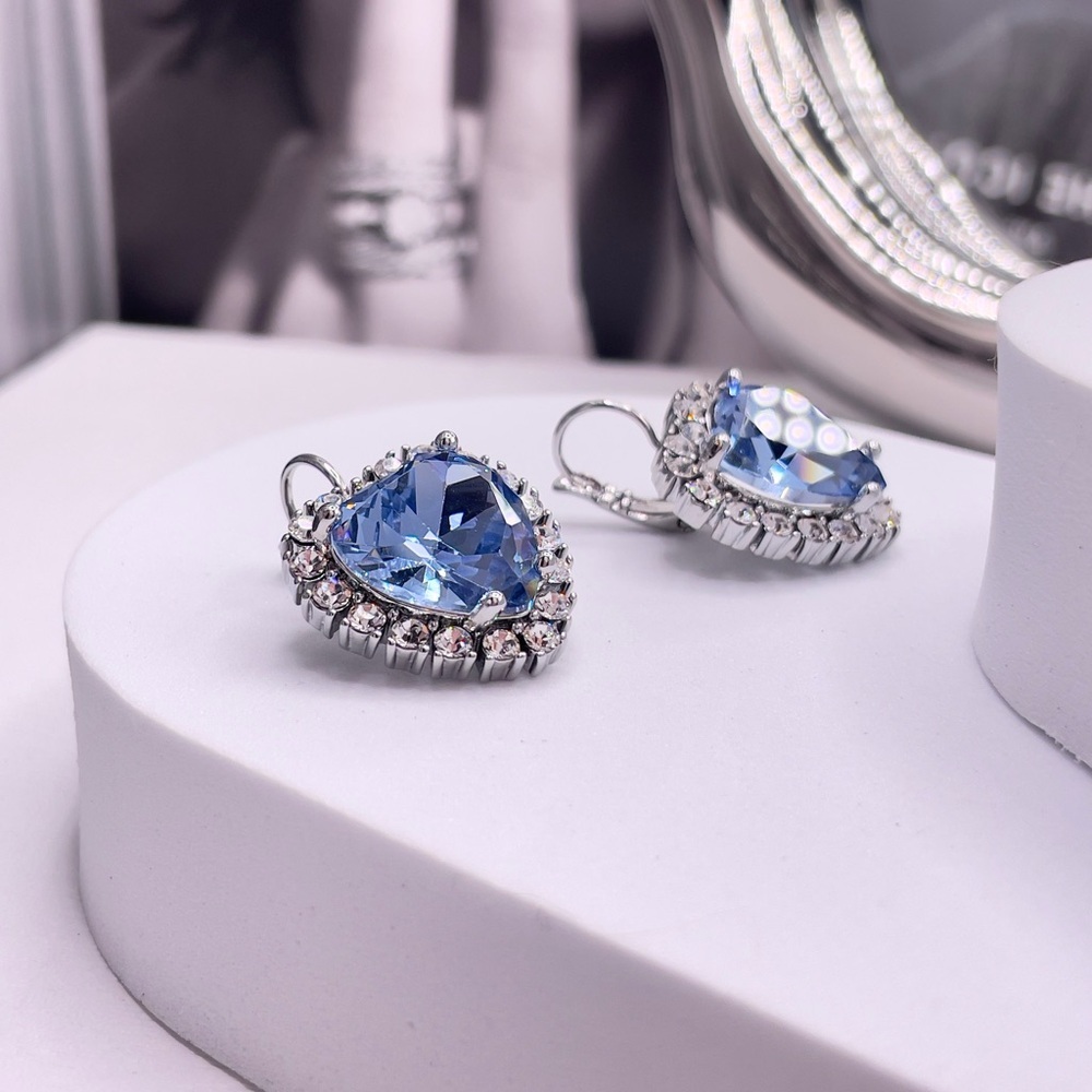 Light Blue Heart And Clear Crystals Silver Earrings, Sterling Silver Plated - Picture 4 of 5